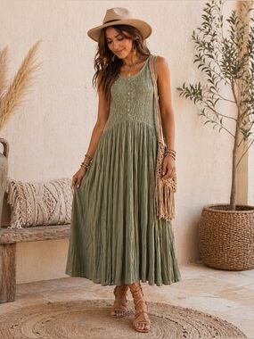 🛍️SALE🛍️ Ashi’s Sleeveless Olive-Green Batik Maxi Dress
